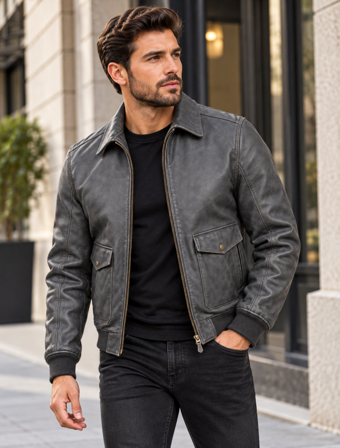 Mercury Slate Grey Men's Leather Minimal Aviator Jacket | Blackstone Jackets
