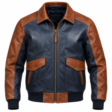 Orion Navy / Cognac Men's Leather Two-Tone Flight Bomber | Blackstone Jackets