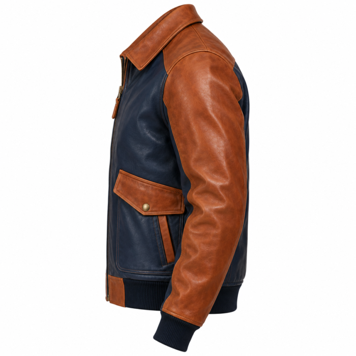 Orion Navy / Cognac Men's Leather Two-Tone Flight Bomber | Blackstone Jackets