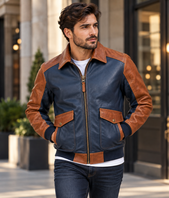 Orion Navy / Cognac Men's Leather Two-Tone Flight Bomber | Blackstone Jackets