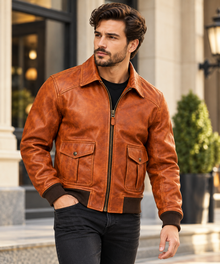 Phoenix Burnt Orange Men's Leather Retro Aviator Bomber | Blackstone Jackets