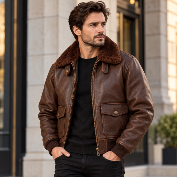 Baron Espresso Brown Men's G-1 Flight Leather Jacket | Blackstone Jackets