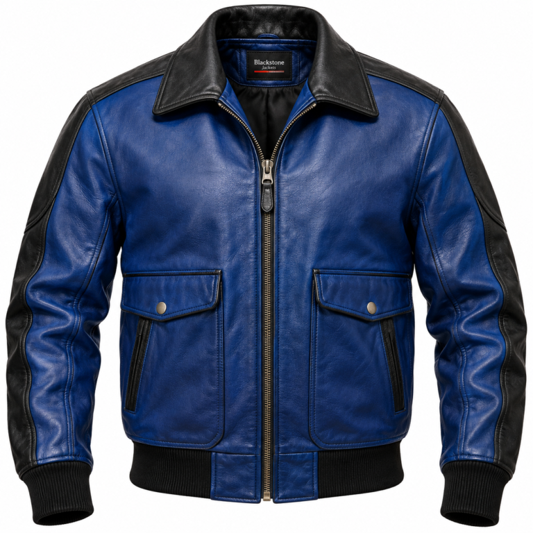 Skyline Royal Blue / Black Men's Leather Contemporary Aviator Bomber | Blackstone Jackets