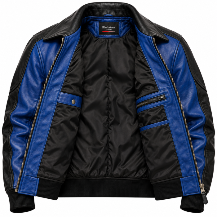 Skyline Royal Blue / Black Men's Leather Contemporary Aviator Bomber | Blackstone Jackets