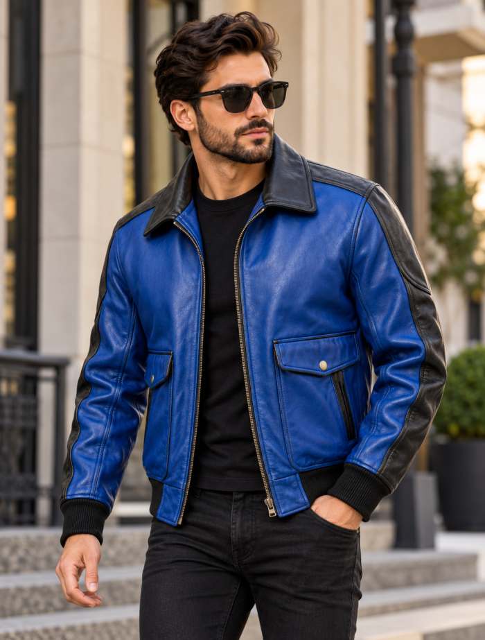 Skyline Royal Blue / Black Men's Leather Contemporary Aviator Bomber | Blackstone Jackets