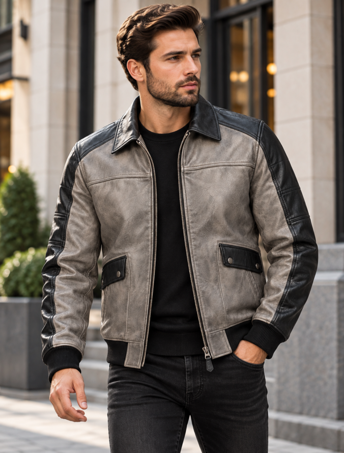 Stratus Stone Grey / Black Men's Leather Relaxed Flight Jacket | Blackstone Jackets