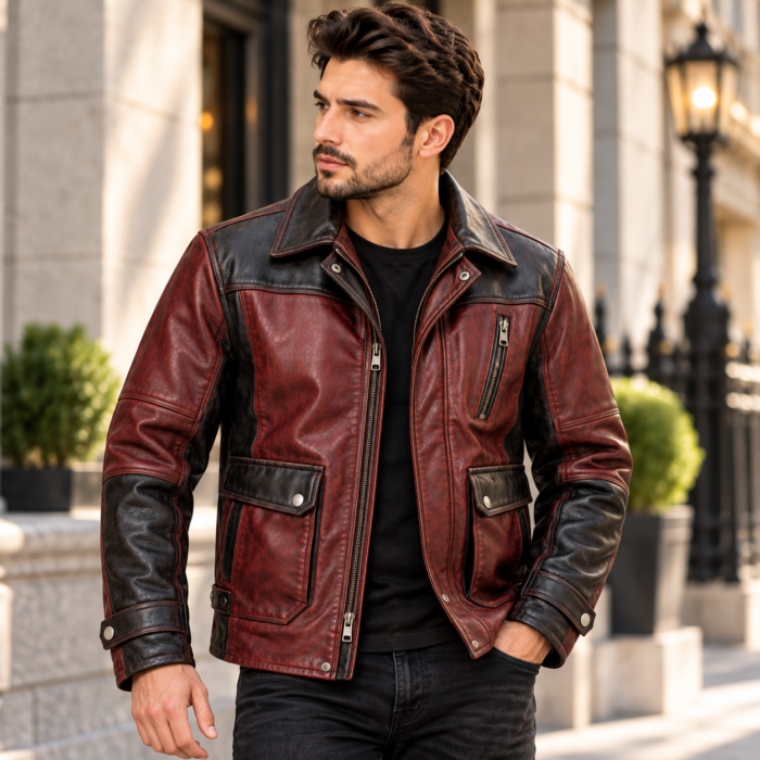 Archer Burgundy / Black Men's Leather Longer Flight Jacket | Blackstone Jackets