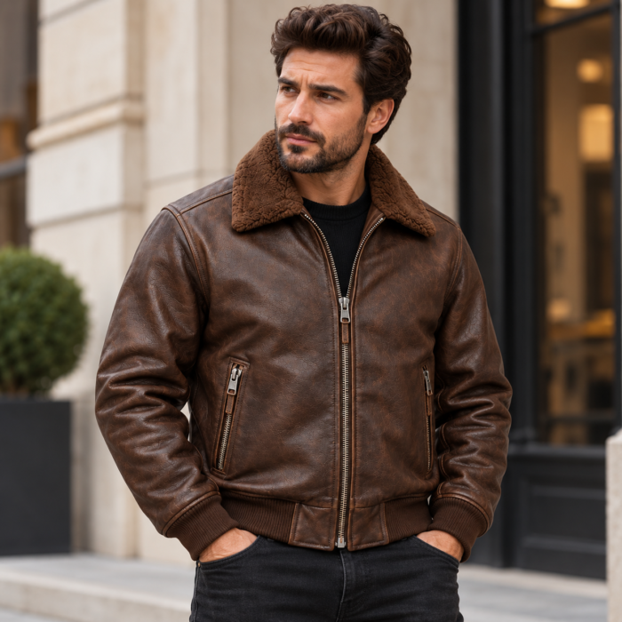 Ranger Espresso Brown Men's Aviator Leather Jacket | Blackstone Jackets