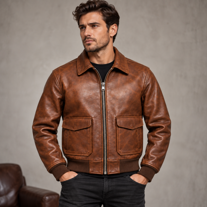 Dakota Medium Brown Men's A-2 Flight Leather Jacket | Blackstone Jackets