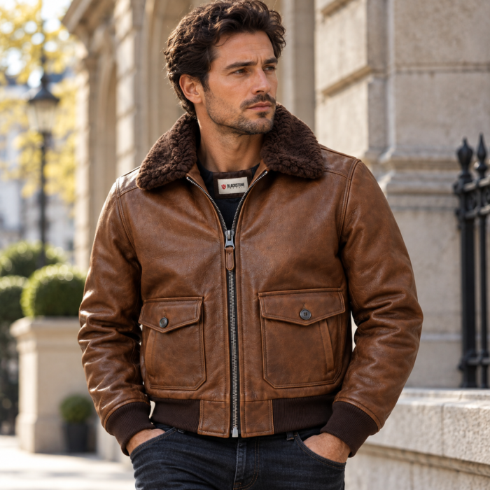 Beacon Medium Brown Men's G-1 Flight Leather Jacket | Blackstone Jackets