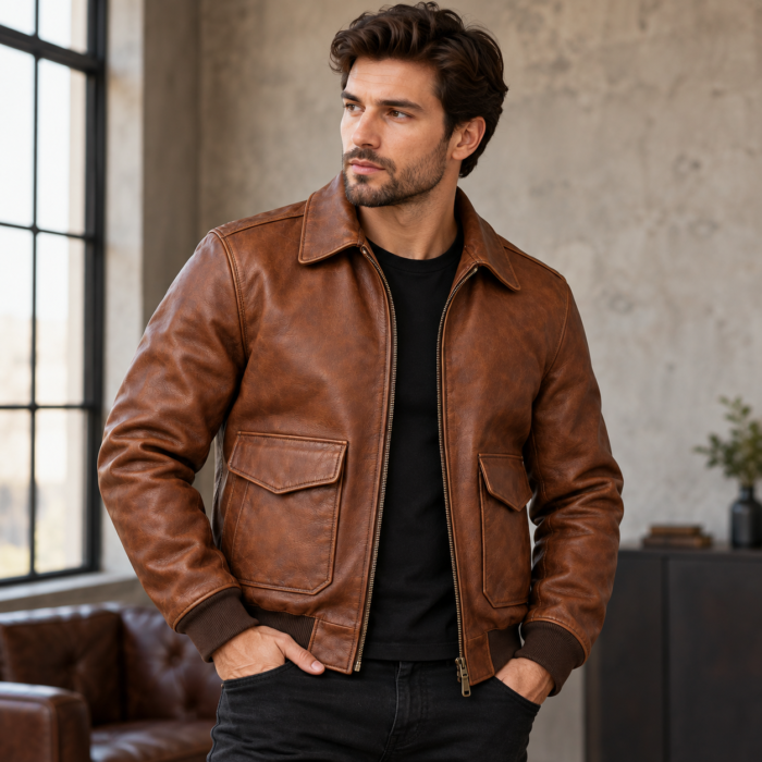 Beacon Medium Brown Men's A-2 Flight Leather Jacket | Blackstone Jackets