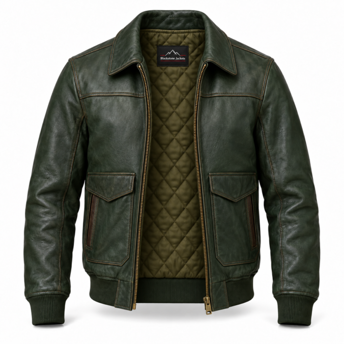 Boreal Forest Green Men's Leather Utility Flight Jacket | Blackstone Jackets