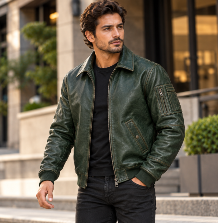 Boreal Forest Green Men's Leather Utility Flight Jacket | Blackstone Jackets