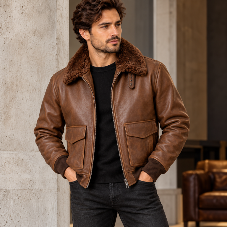 Dakota Medium Brown Men's G-1 Flight Leather Jacket | Blackstone Jackets