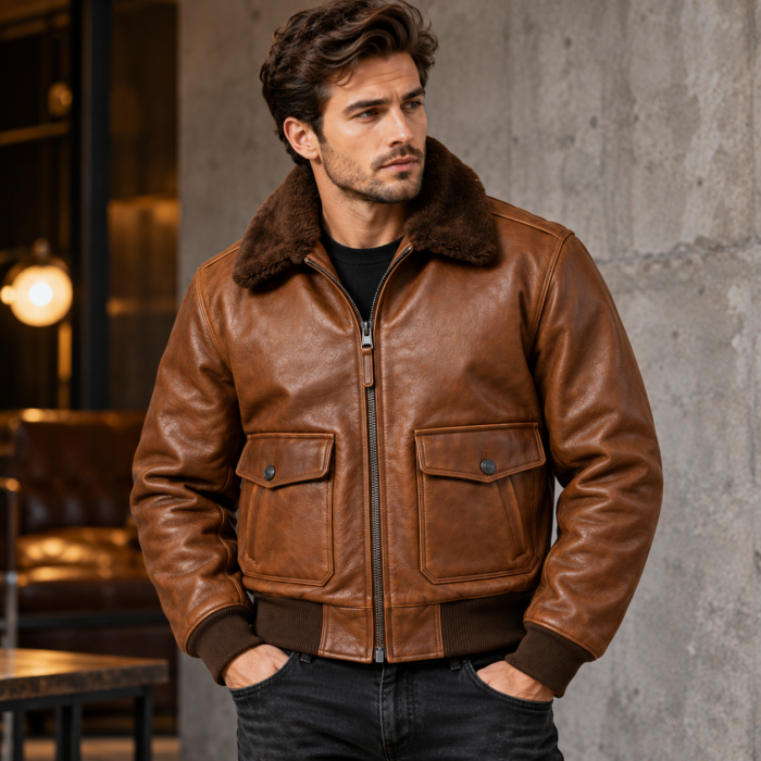 Skyline Medium Brown Men's G-1 Flight Leather Jacket | Blackstone Jackets