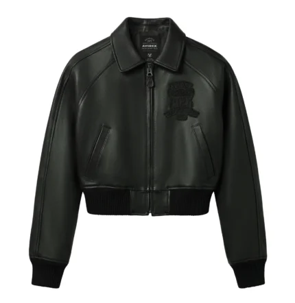Avirex Women's Black Icon cropped leather bomber jacket front view