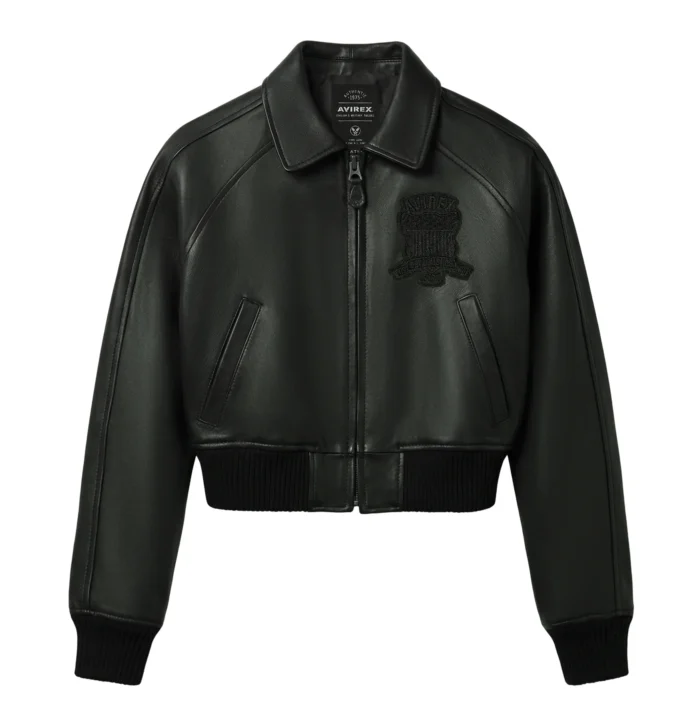 Avirex Women's Black Icon cropped leather bomber jacket front view