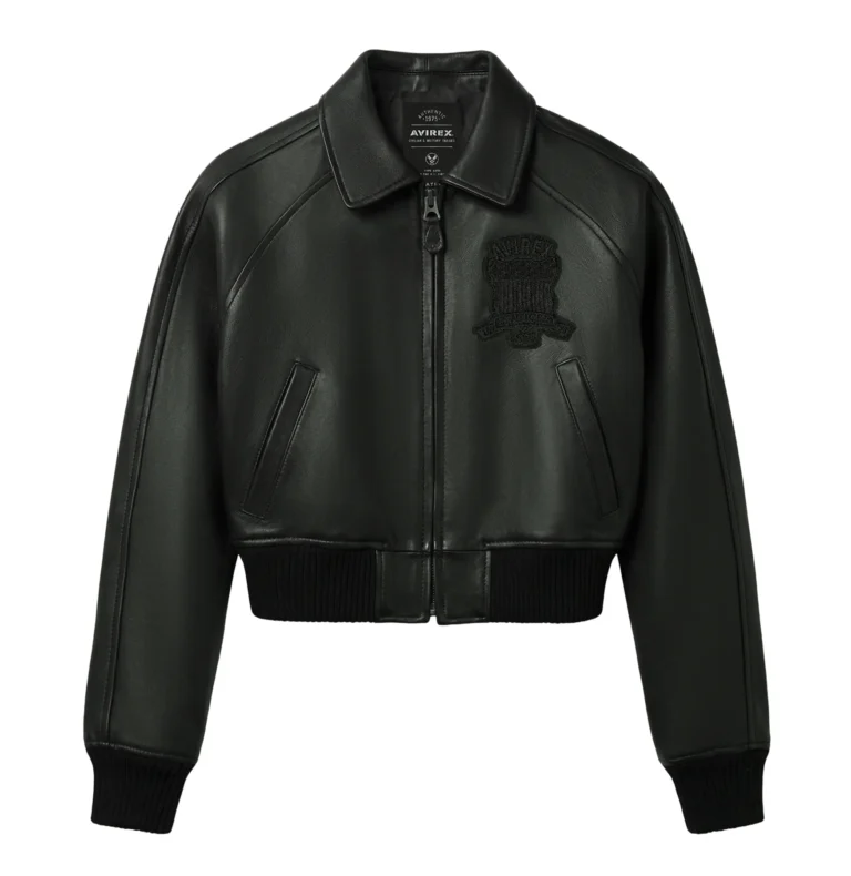 Avirex Women's Black Icon cropped leather bomber jacket front view
