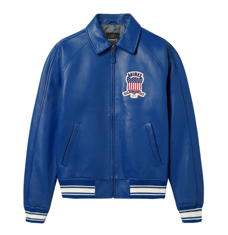 Avirex Icon blue men's leather bomber jacket front view