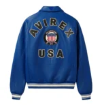 Avirex Icon blue leather jacket with AVIREX USA back design