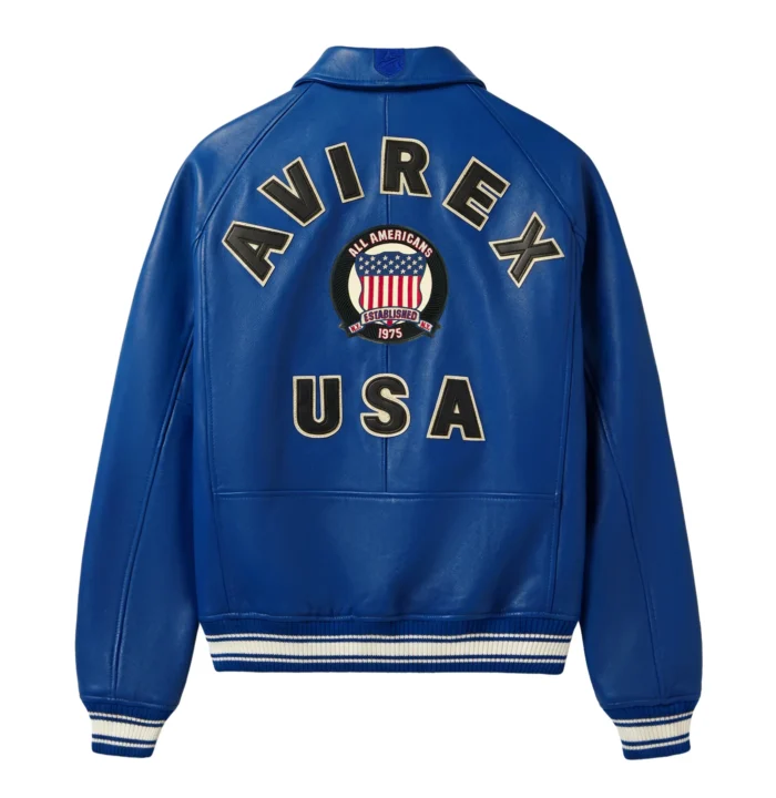 Avirex Icon blue leather jacket with AVIREX USA back design