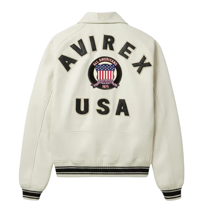 Avirex white leather jacket with AVIREX USA back design