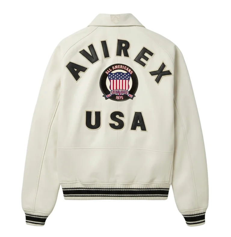 Avirex white leather jacket with AVIREX USA back design
