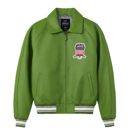 Avirex Green Icon men's leather bomber jacket front view