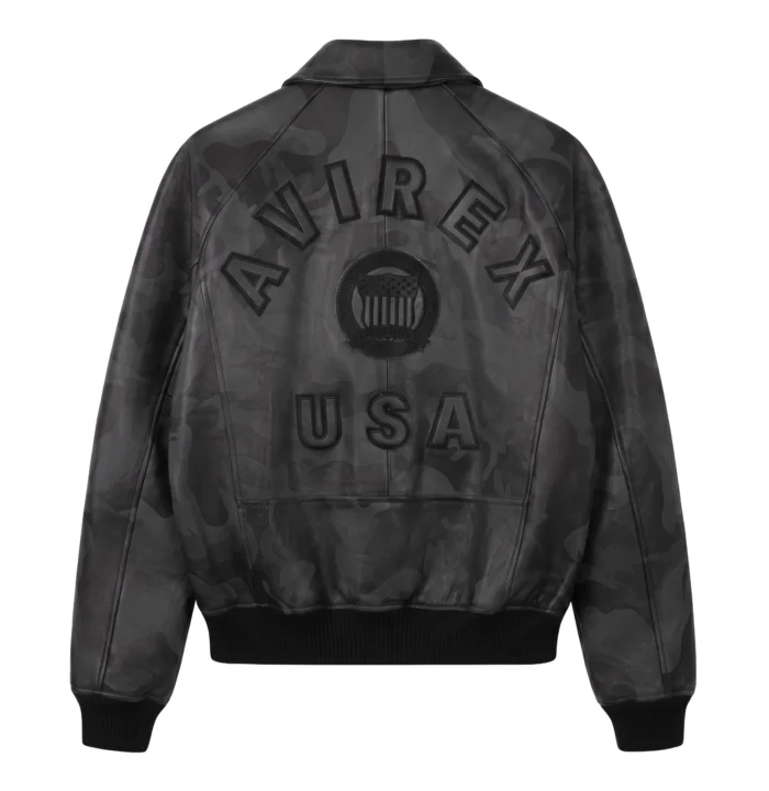 Avirex Icon grey black camouflage leather bomber jacket front view