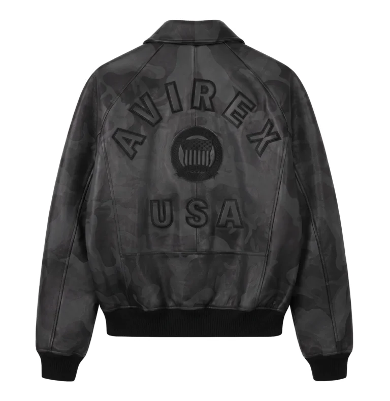 Avirex Icon grey black camouflage leather bomber jacket front view