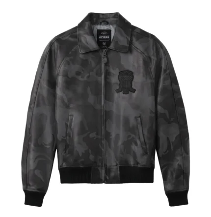 Avirex grey black camo leather jacket with tonal AVIREX USA back design