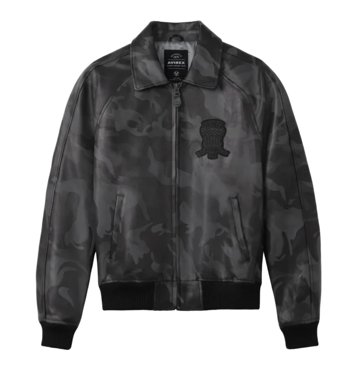 AVIREX LIMITED EDITION CAMO MEN ICON JACKET Avirex grey black camo leather jacket with tonal AVIREX USA back design