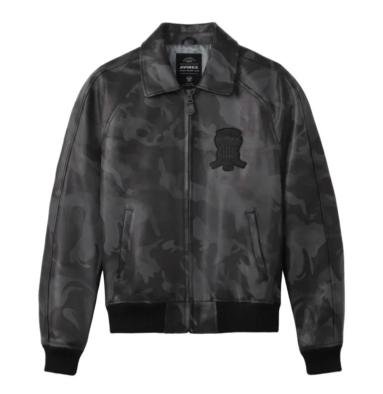 Avirex grey black camo leather jacket with tonal AVIREX USA back design