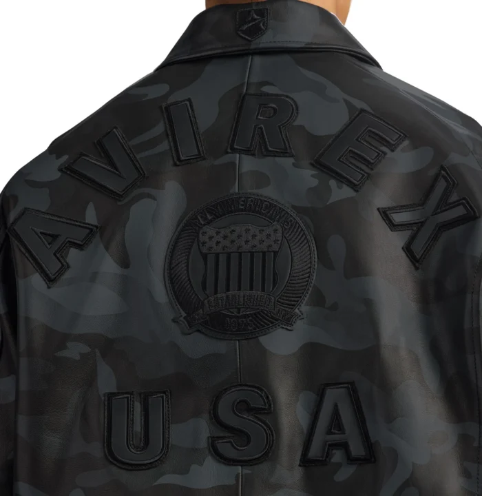 Avirex black camo leather jacket tonal AVIREX USA back patch detail