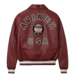 Avirex maroon leather jacket back with AVIREX USA branding
