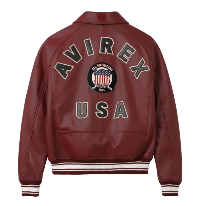 Avirex maroon leather jacket back with AVIREX USA branding