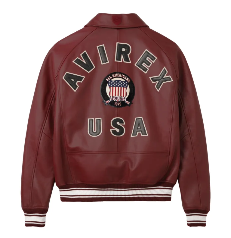Avirex maroon leather jacket back with AVIREX USA branding