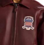Avirex maroon leather jacket USA chest patch and collar detail
