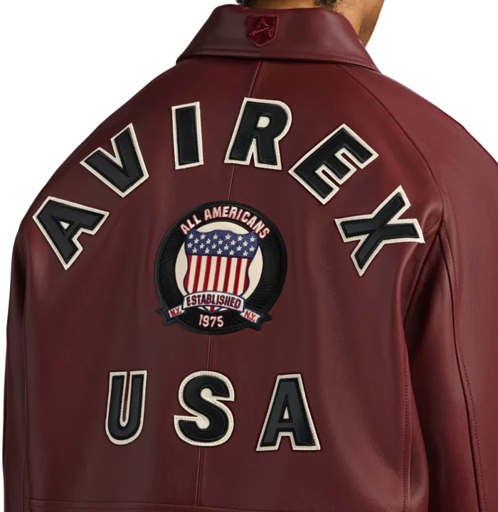 Avirex maroon varsity leather jacket AVIREX USA back detail