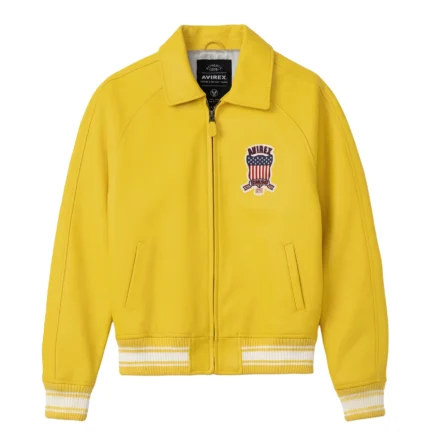 Avirex Icon yellow leather varsity bomber jacket front view