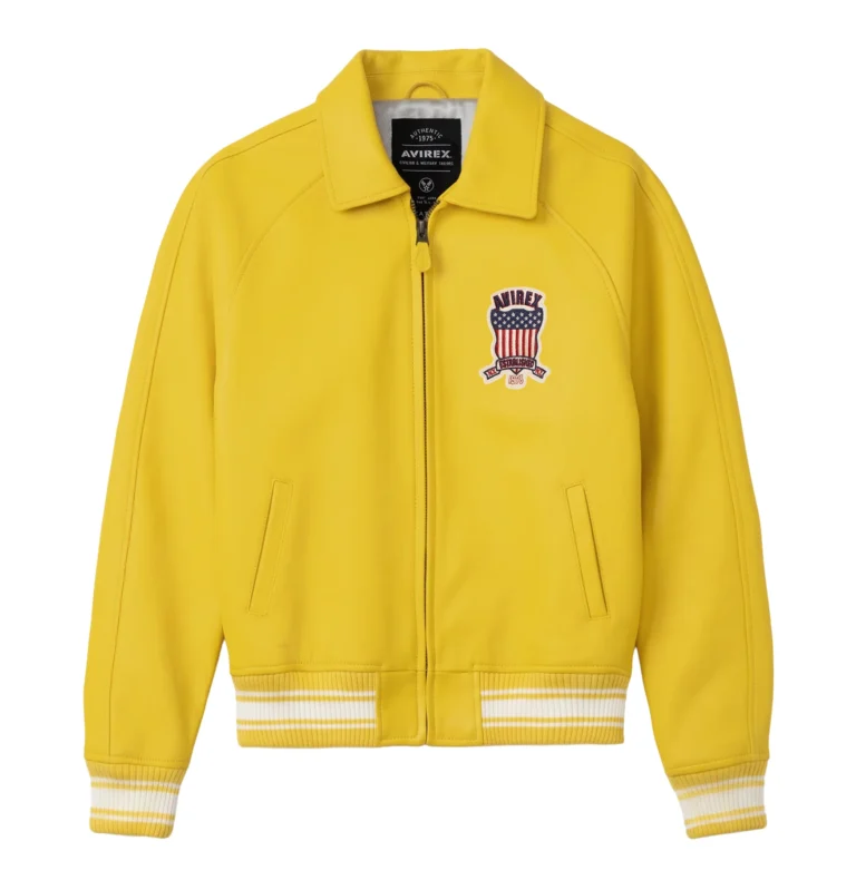 Avirex Icon yellow leather varsity bomber jacket front view