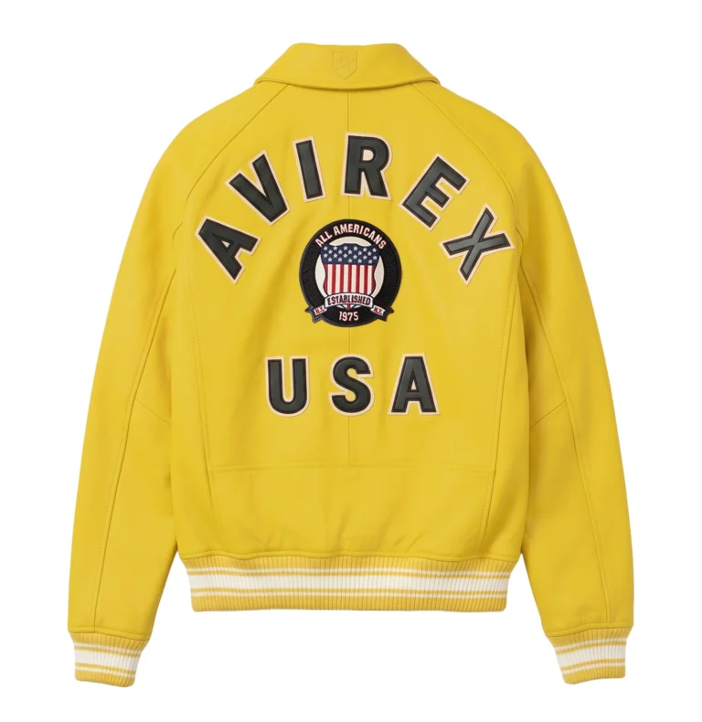 Avirex yellow leather jacket back with AVIREX USA branding