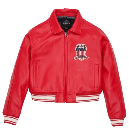 Avirex Icon Cropped Red Leather Jacket front view
