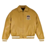 Avirex X Timberland tan leather varsity bomber jacket front view