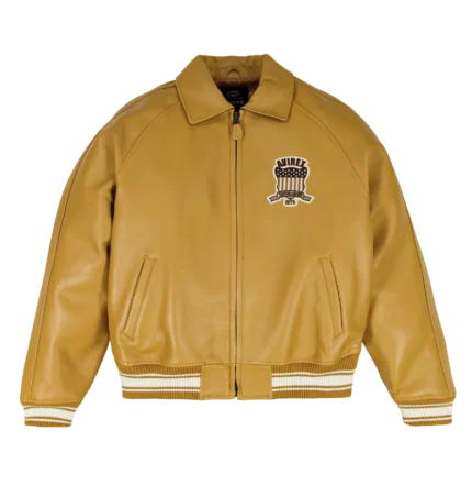 Avirex X Timberland tan leather varsity bomber jacket front view