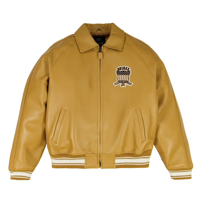 Avirex X Timberland tan leather varsity bomber jacket front view