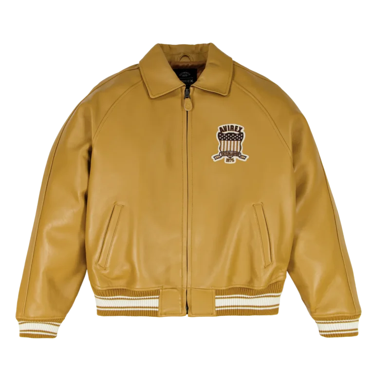Avirex X Timberland tan leather varsity bomber jacket front view