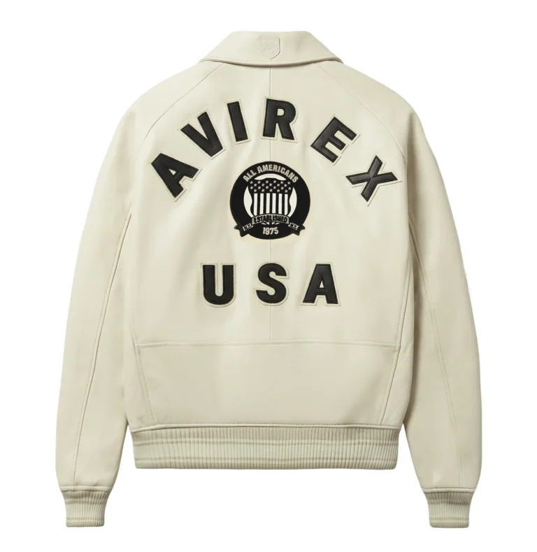 Avirex Icon beige leather jacket with AVIREX USA back design