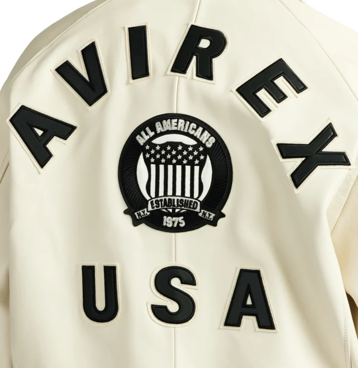 Avirex beige leather jacket AVIREX USA and All Americans back detail