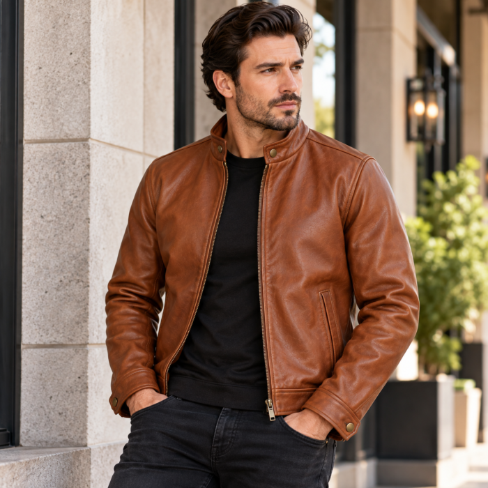 Nomad Cognac Brown Men's Aviator Leather Jacket | Blackstone Jackets